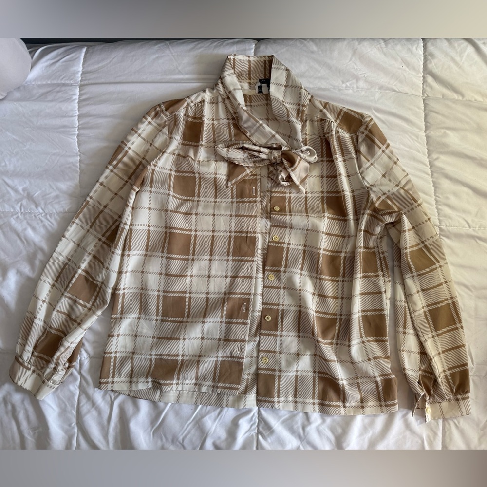 Tan and White Plaid Blouse with Collared Neckline